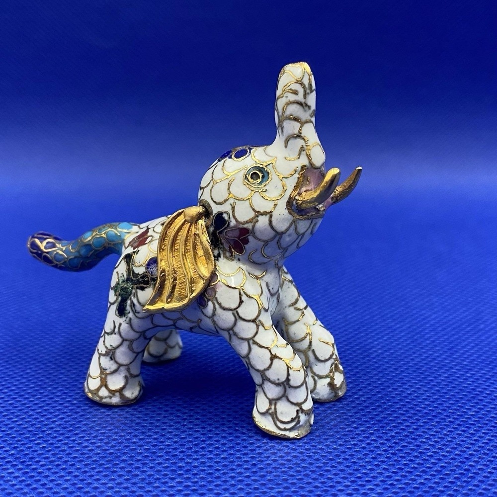 Vintage Cloisonne Gilt Elephant Figurine Enameled White‎ Gold 2" X 3"